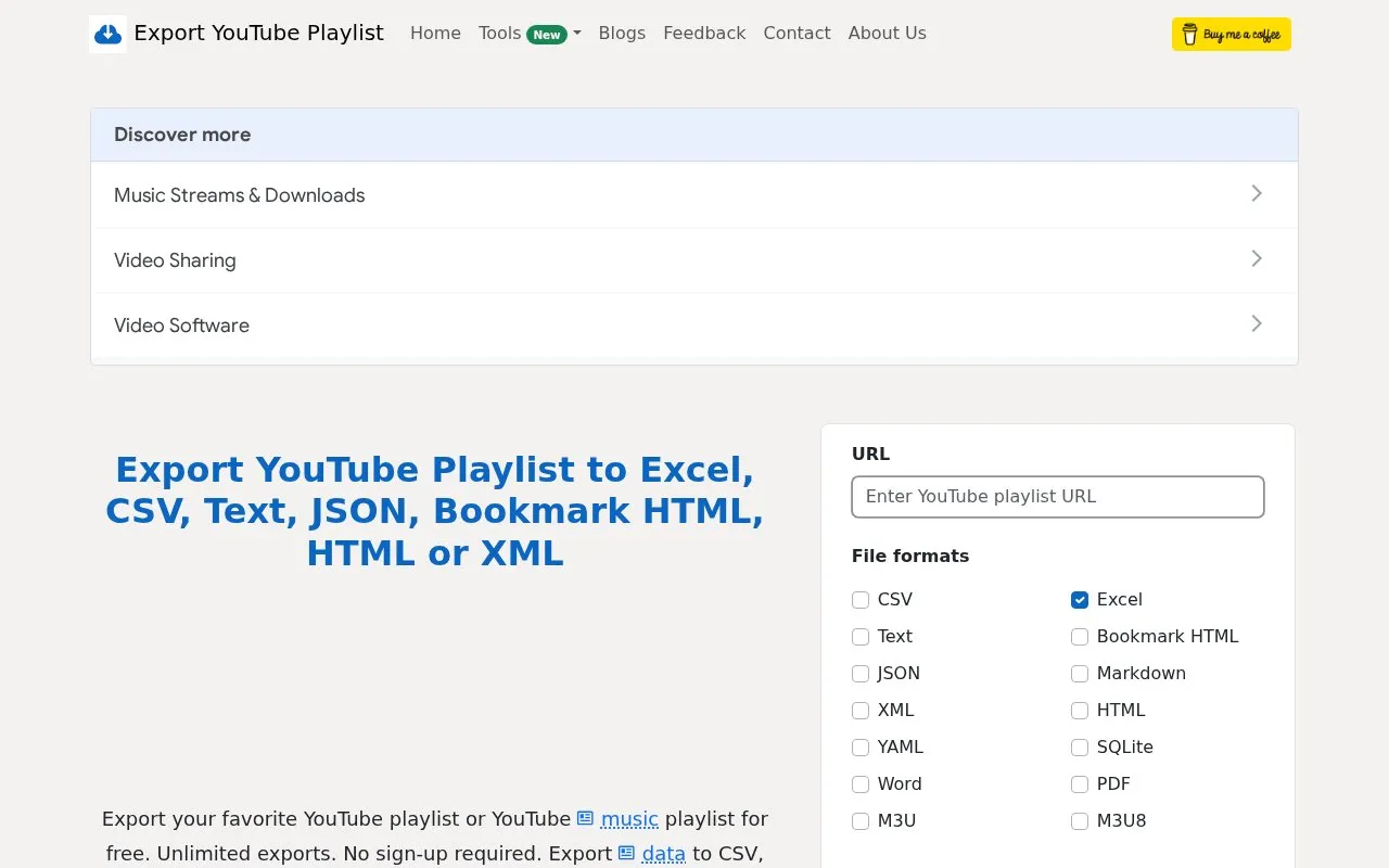 Export YT Playlists homepage screenshot