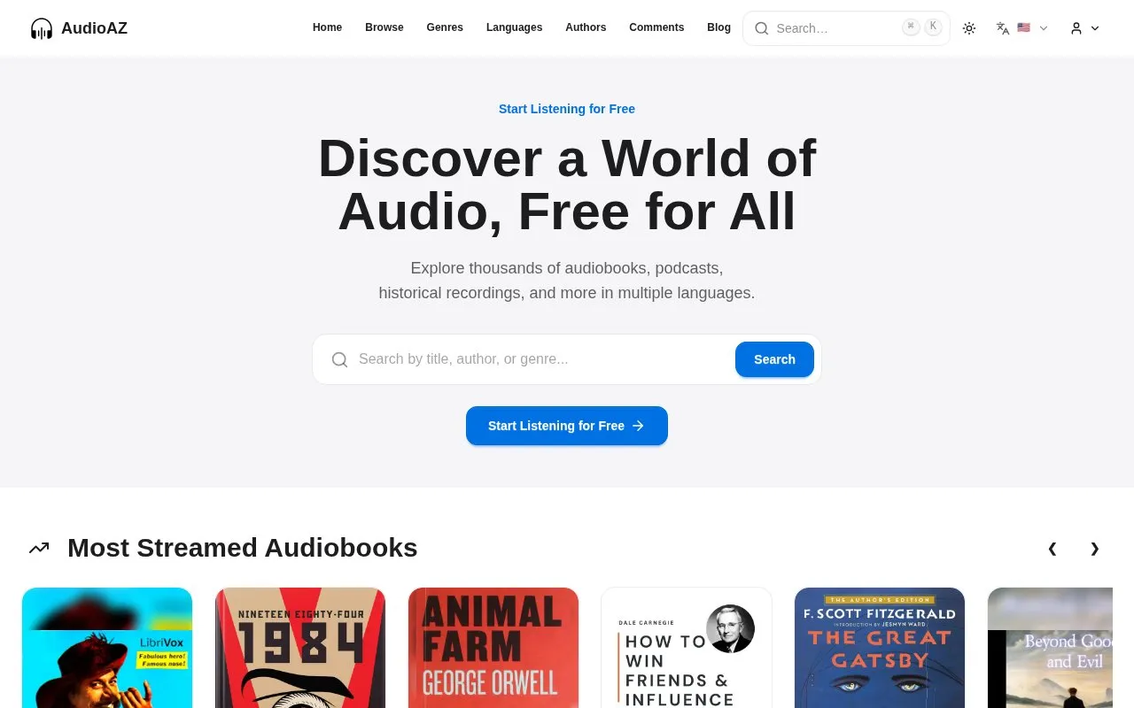 Audio AZ homepage screenshot