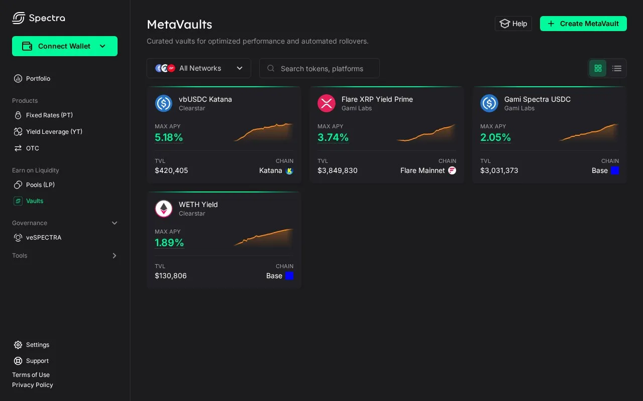 Spectra MetaVaults homepage screenshot