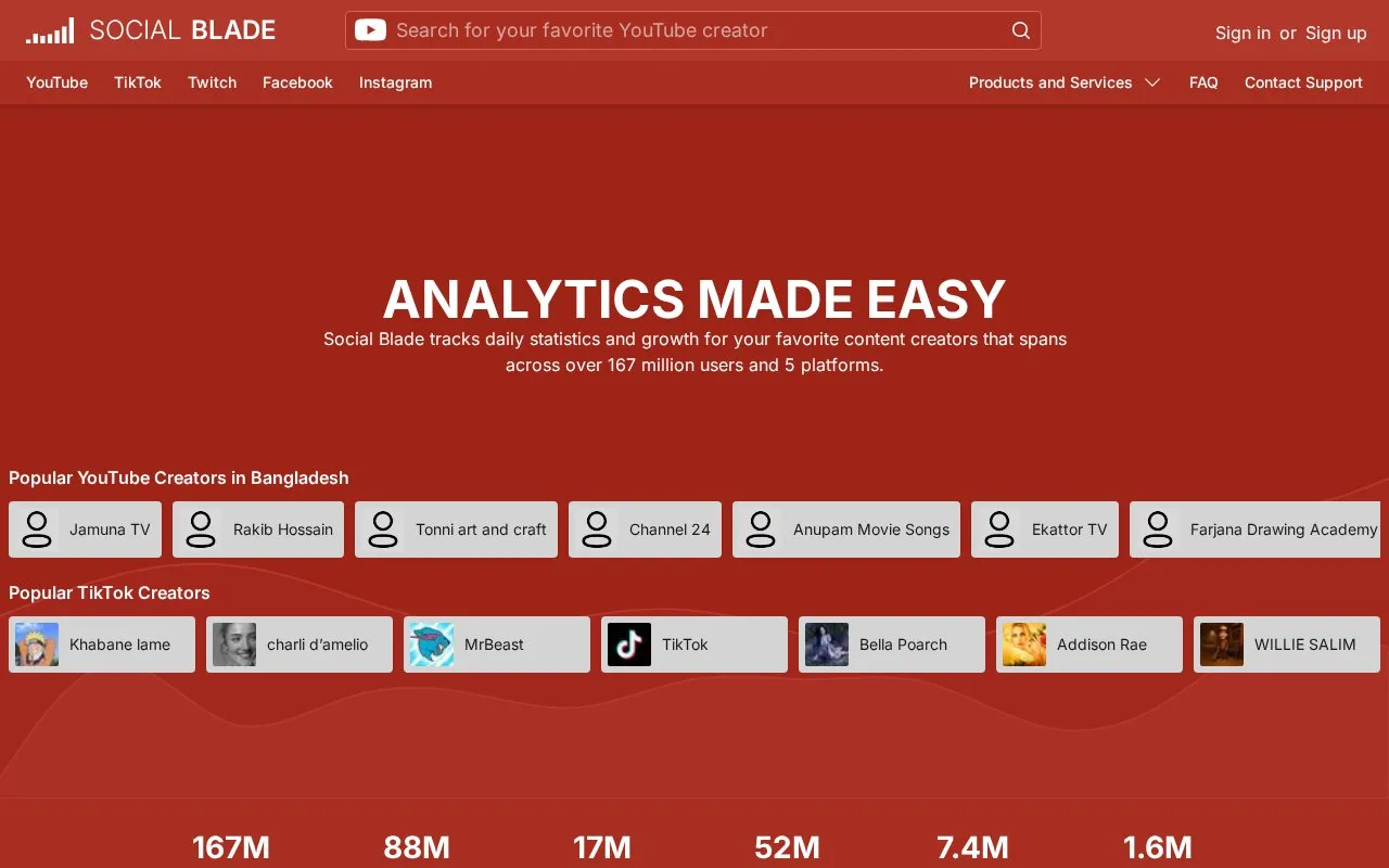 SocialBlade homepage screenshot