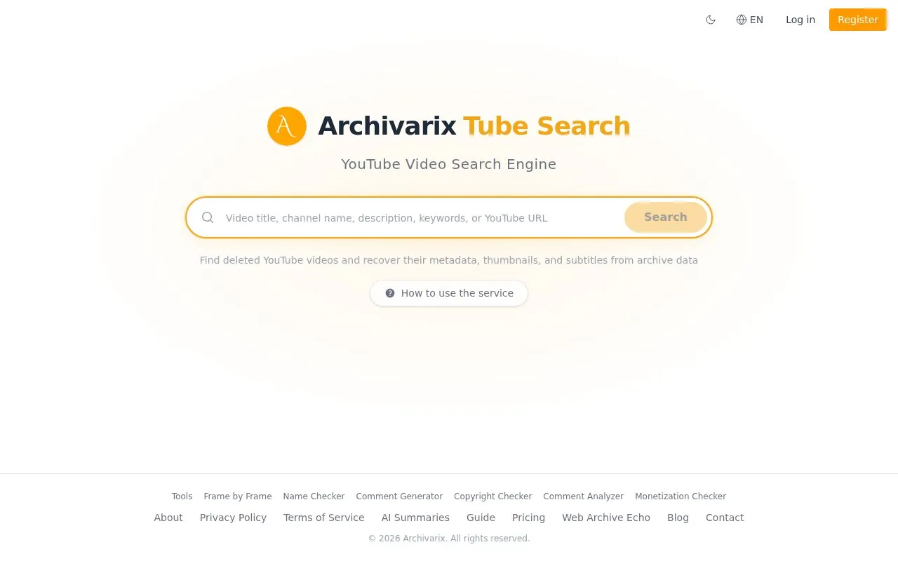 Archivarix Tube Search homepage screenshot