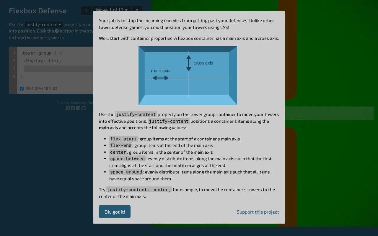 FlexboxDefense homepage screenshot