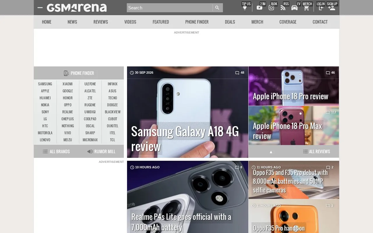 GSM Arena homepage screenshot