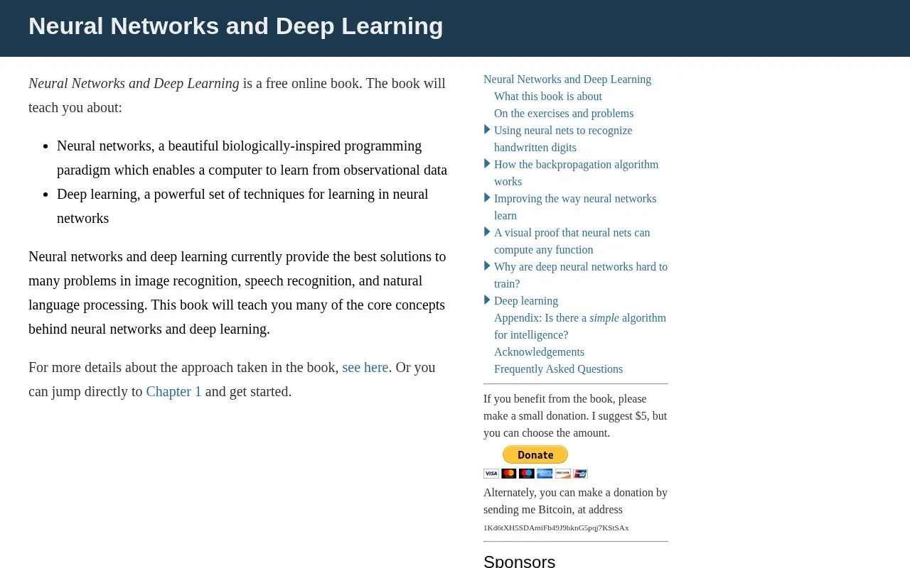 Neural Networks and Deep Learning by Michael Nielsen homepage screenshot