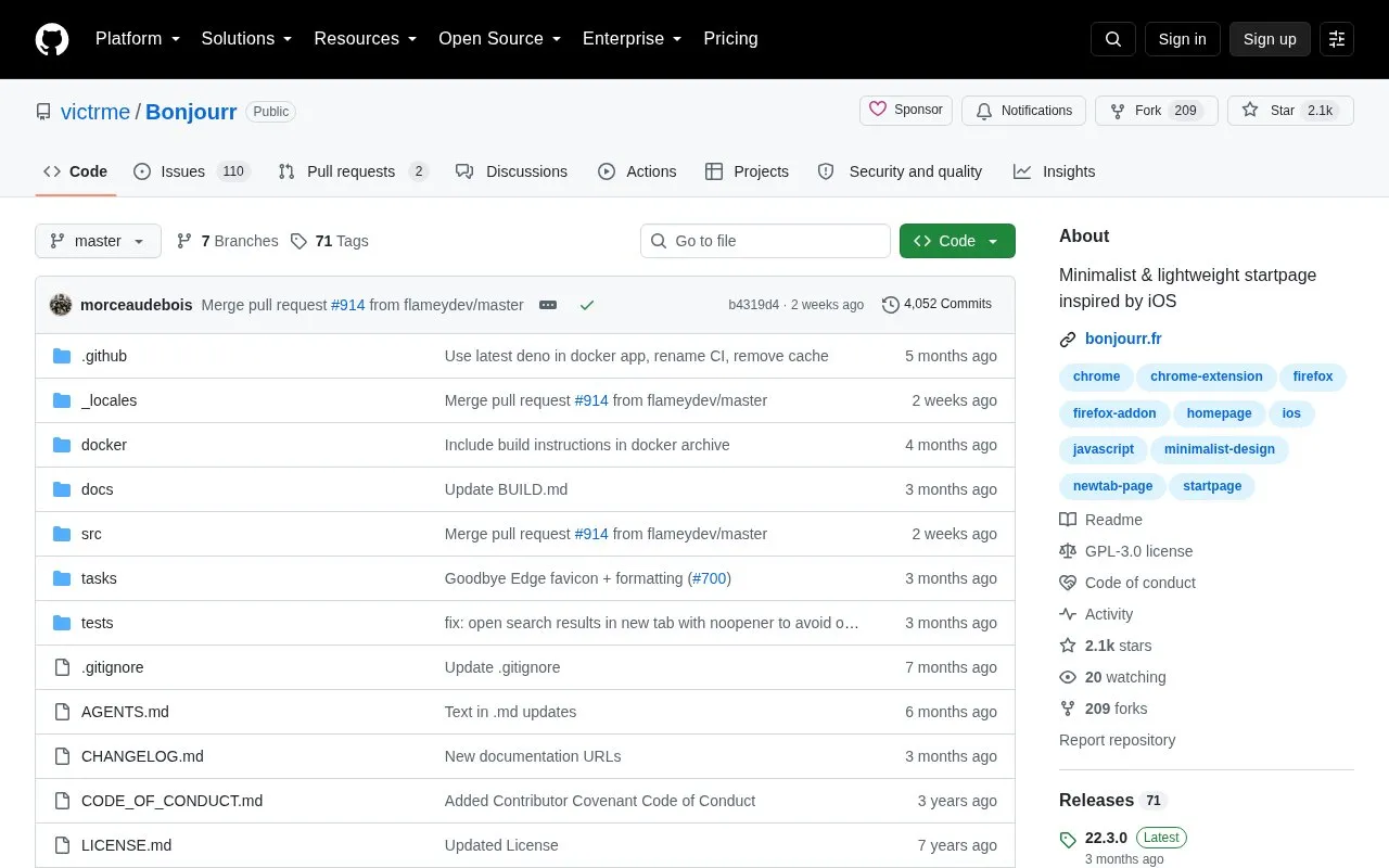 Bonjourr homepage screenshot