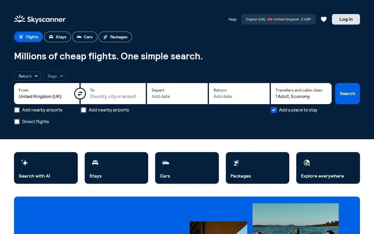 SkyScanner homepage screenshot