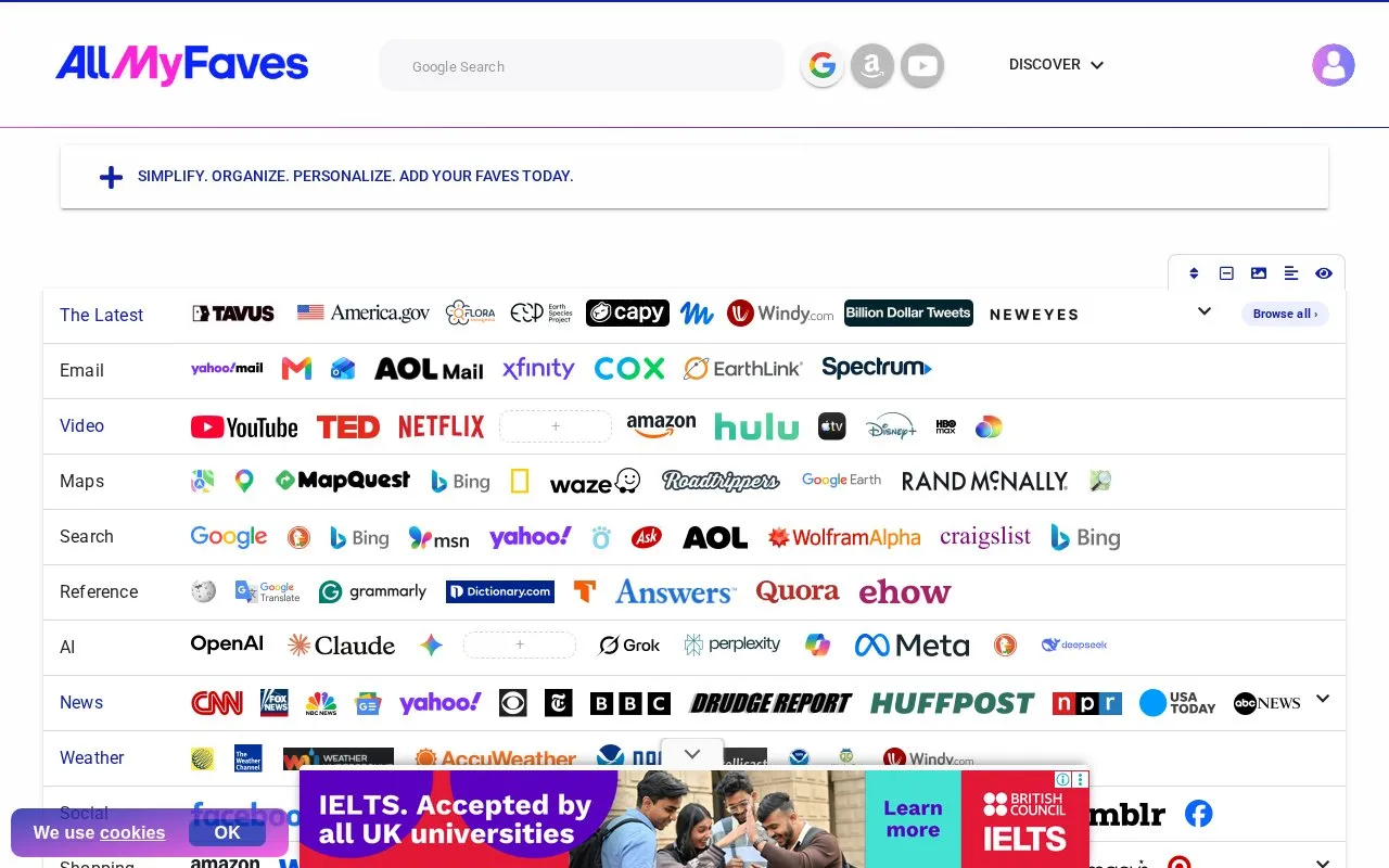 AllMyFaves homepage screenshot