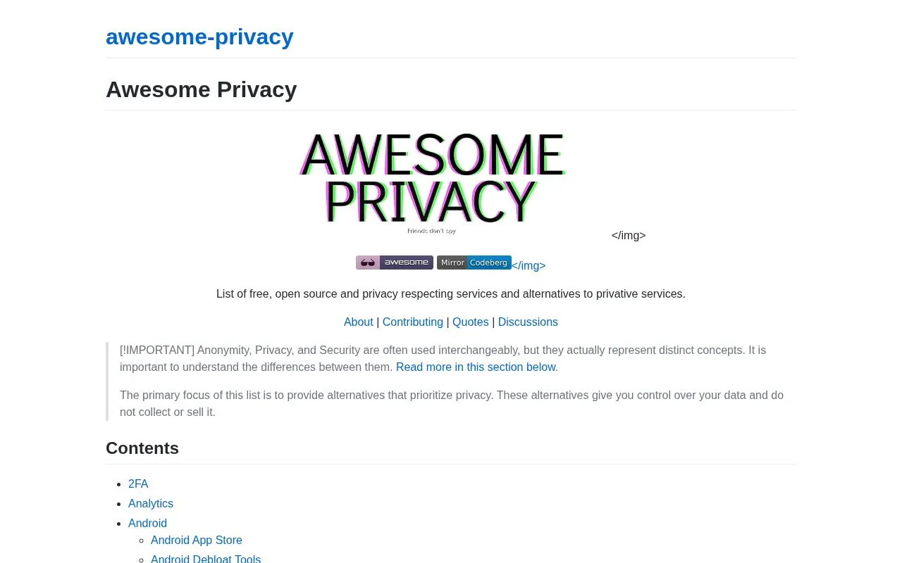 pluja's Awesome Privacy homepage screenshot