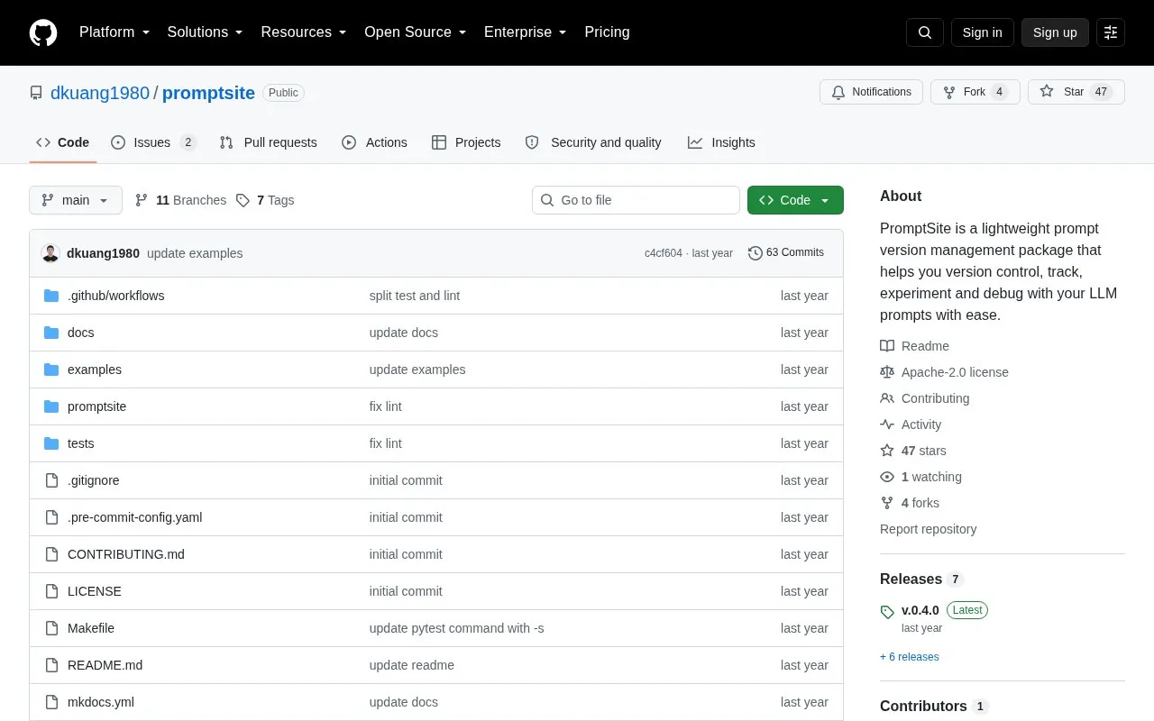 PromptSite homepage screenshot