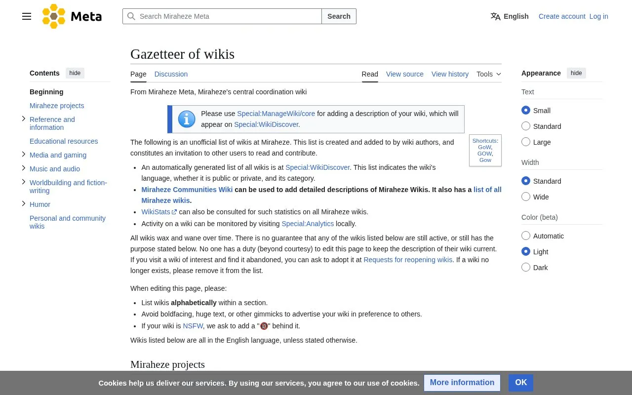 Gazetteer of Wikis homepage screenshot