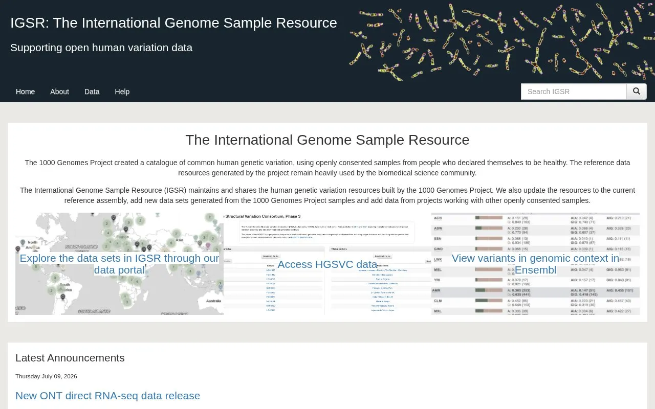1000 Genomes homepage screenshot