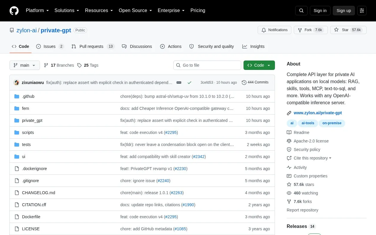privateGPT homepage screenshot