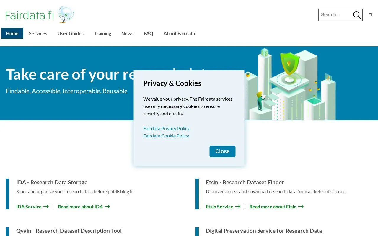 Fairdata Services homepage screenshot