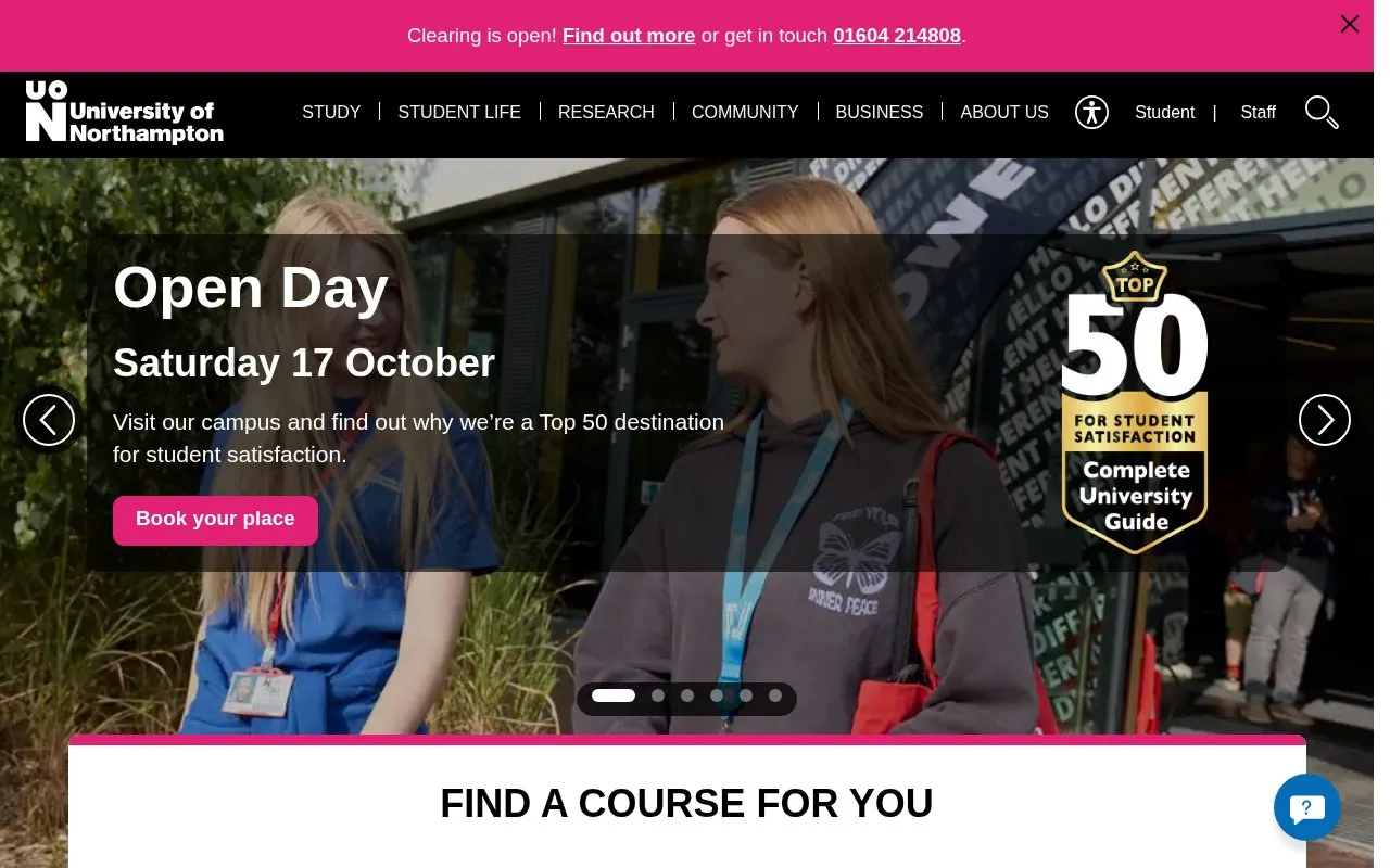 The University of Northampton homepage screenshot