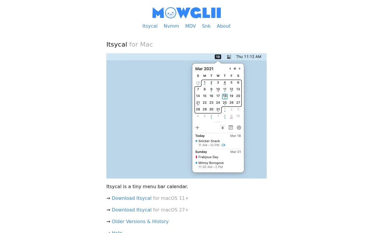 Itsycal homepage screenshot
