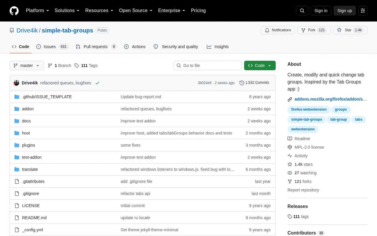 Simple Tab Groups homepage screenshot