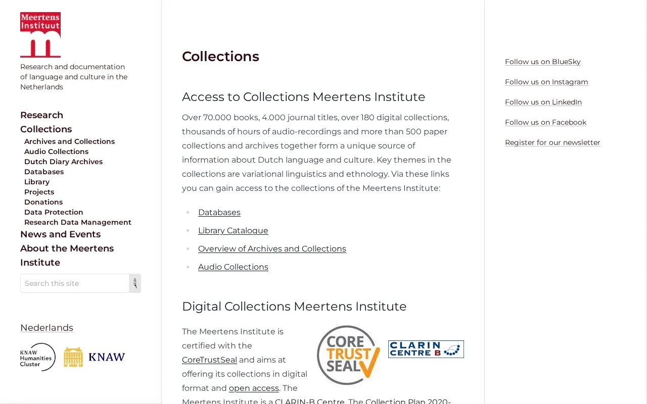 Meertens Instituut Collecties homepage screenshot