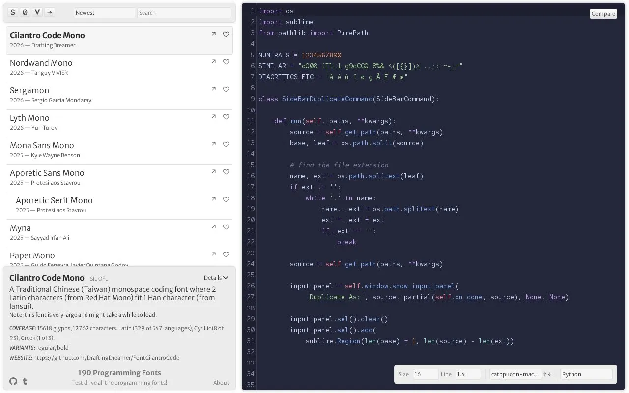 Programming Fonts homepage screenshot