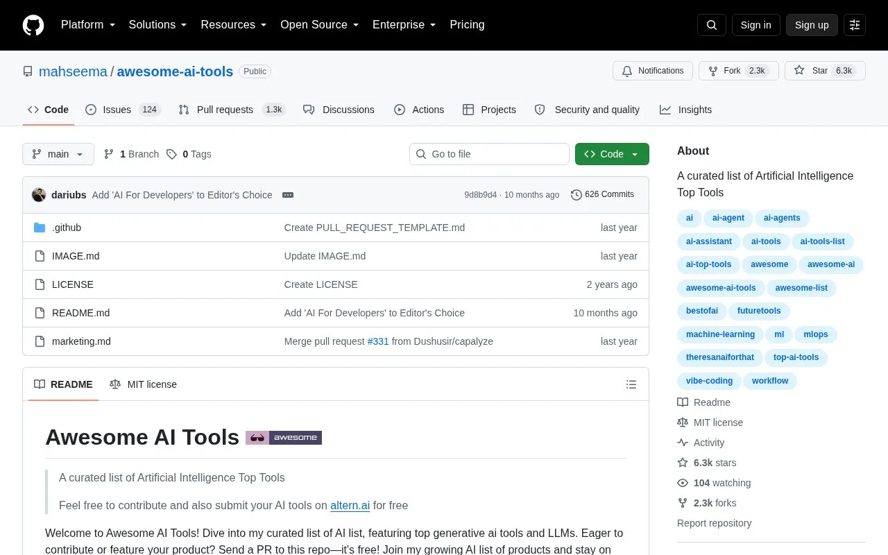 mahseema/awesome-ai-tools homepage screenshot