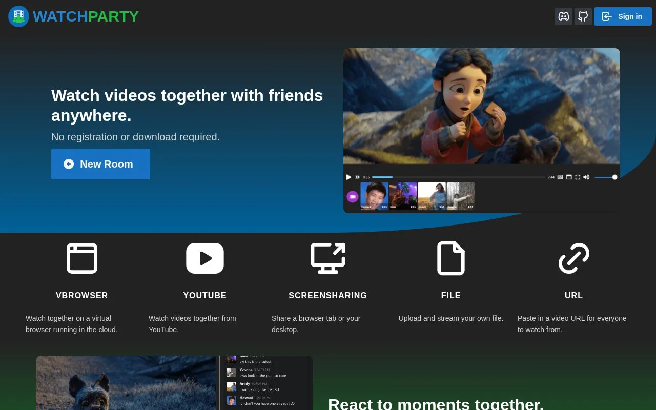 WatchParty homepage screenshot