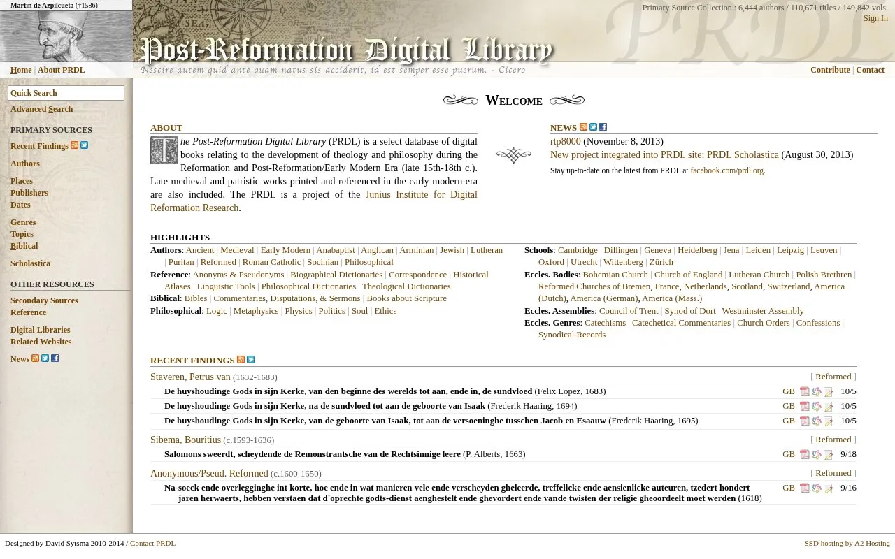 Post-Reformation Digital Library homepage screenshot