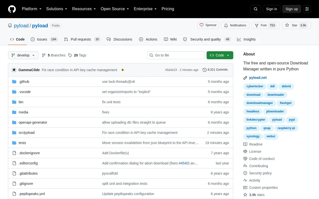 Pyload homepage screenshot