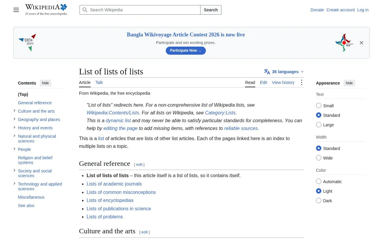 Wiki List of Lists of Lists homepage screenshot