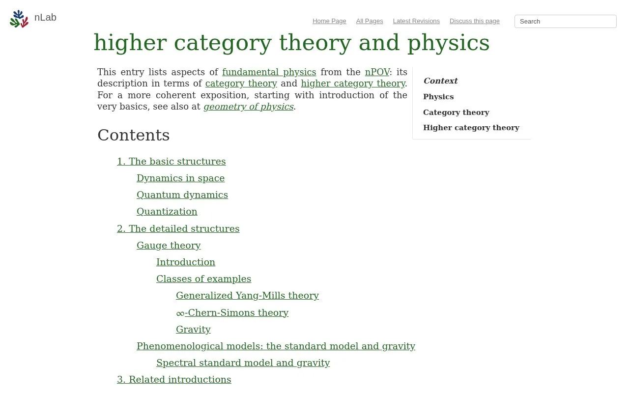 nLab Physics homepage screenshot