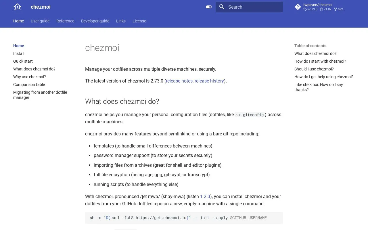 Chezmoi homepage screenshot