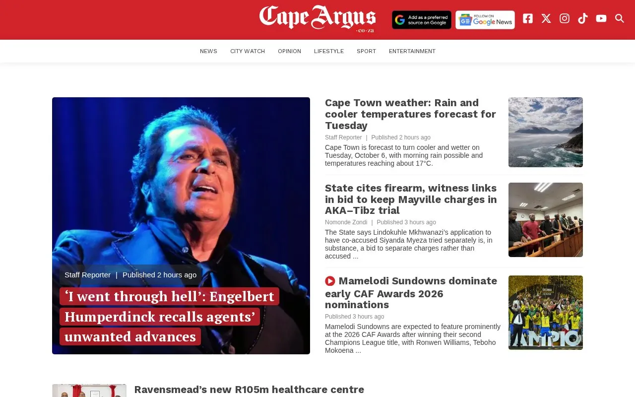 Cape Argus homepage screenshot