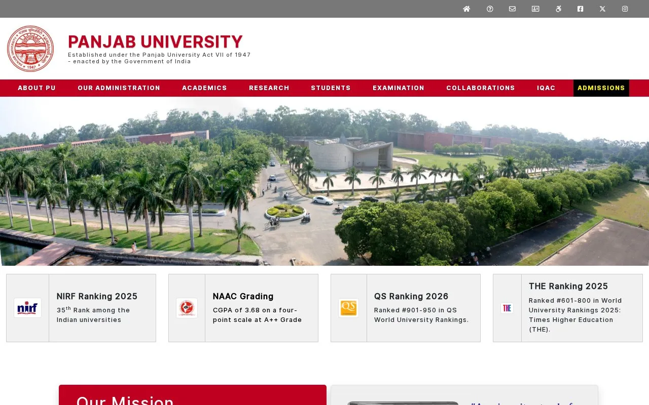 Panjab University homepage screenshot