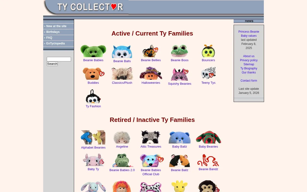 Ty Collector homepage screenshot