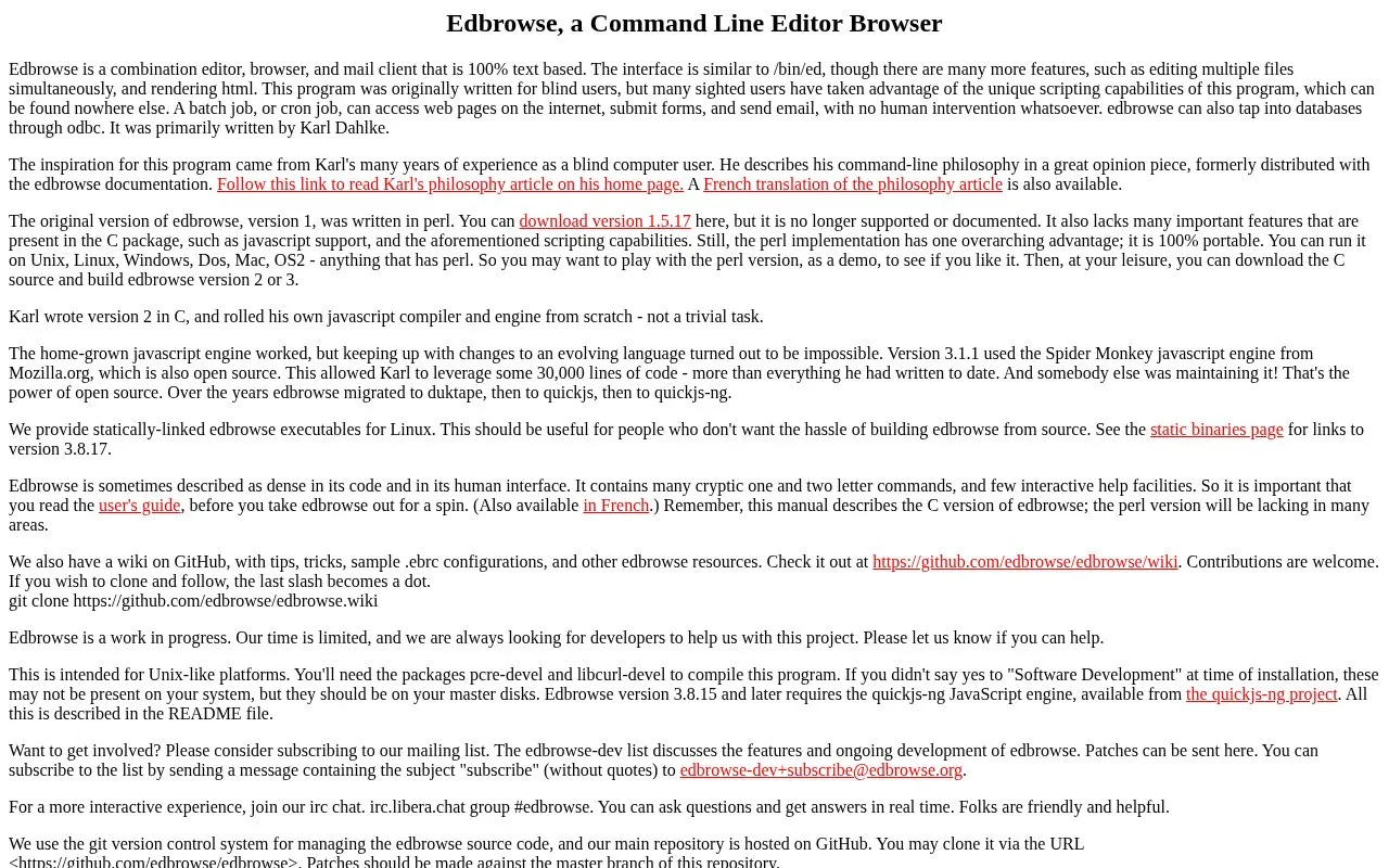 Edbrowse homepage screenshot