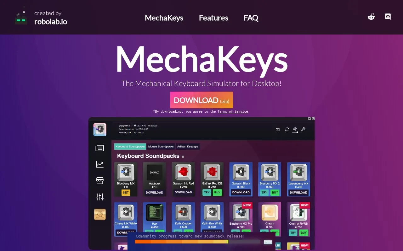 MechaKeys homepage screenshot