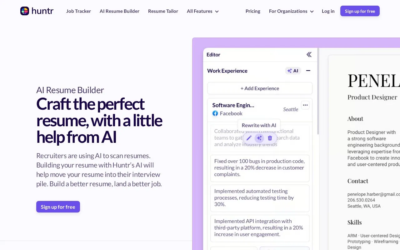 Huntr AI Resume Builder homepage screenshot