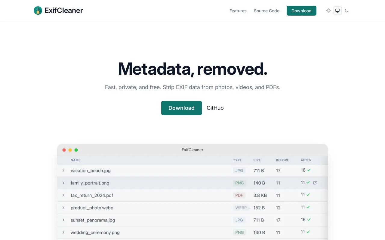 ExifCleaner homepage screenshot
