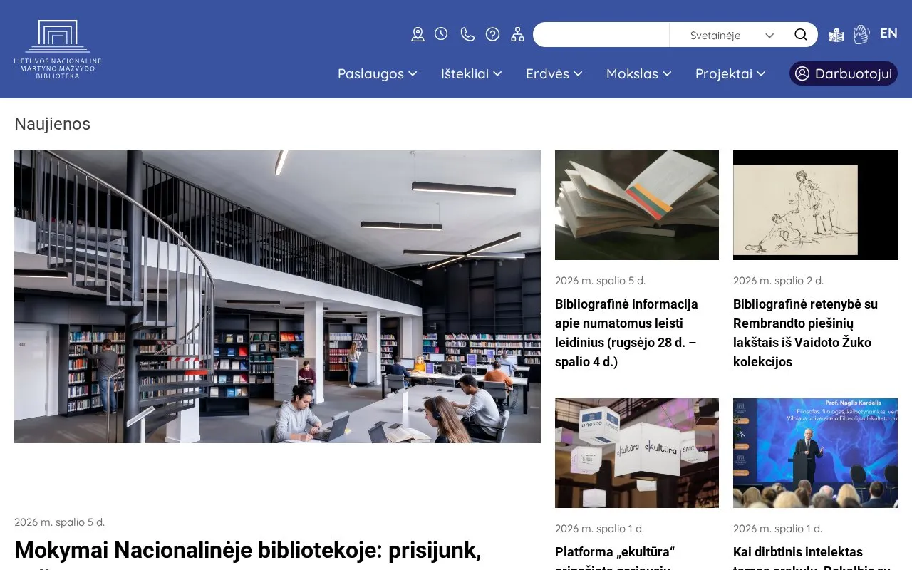 Martynas Mažvydas National Library of Lithuania homepage screenshot