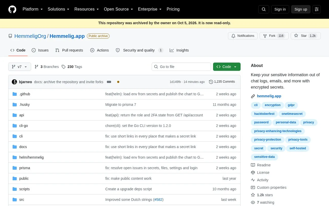 Hemmelig.app homepage screenshot