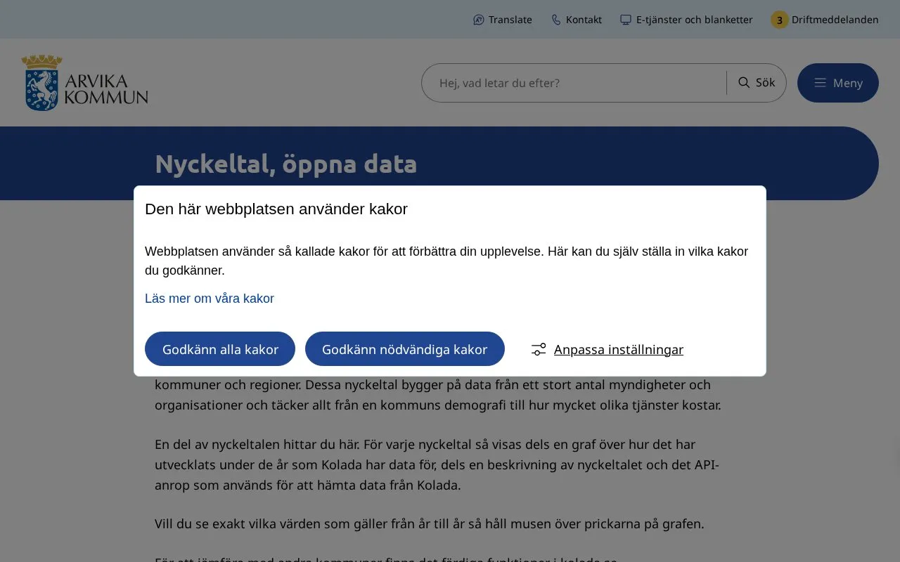 Arvika Municipality open data homepage screenshot