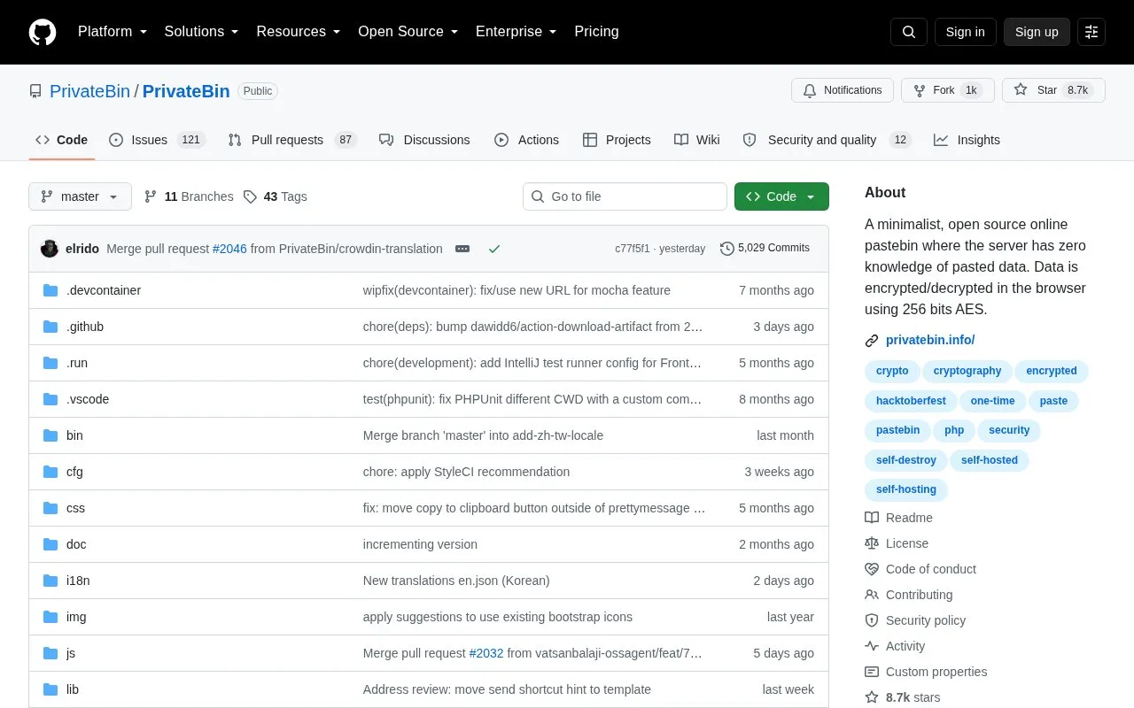 Private Bin homepage screenshot