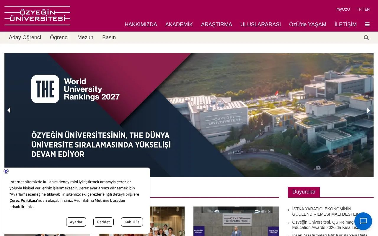 Ozyegin University homepage screenshot