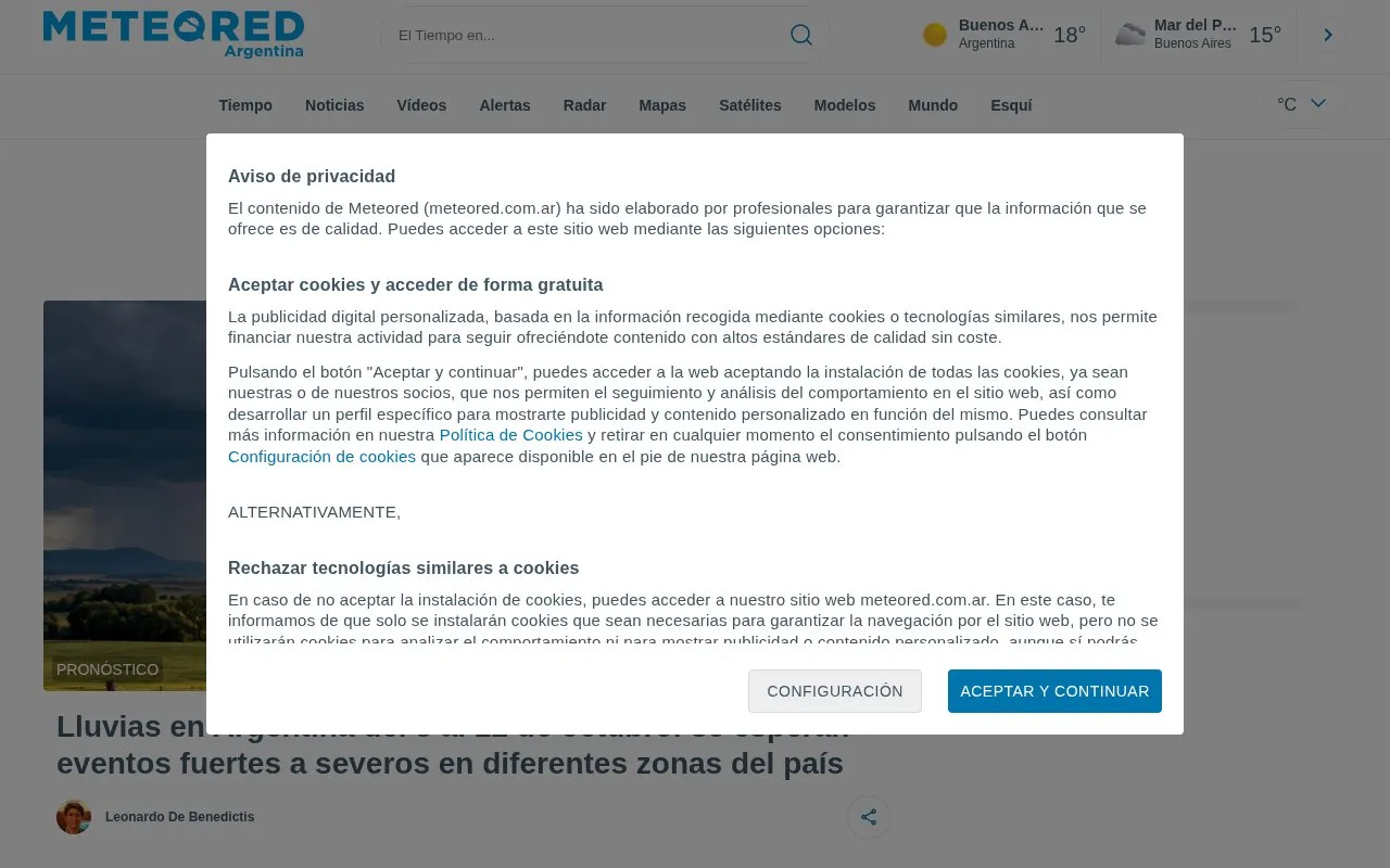 Meteored Argentina homepage screenshot
