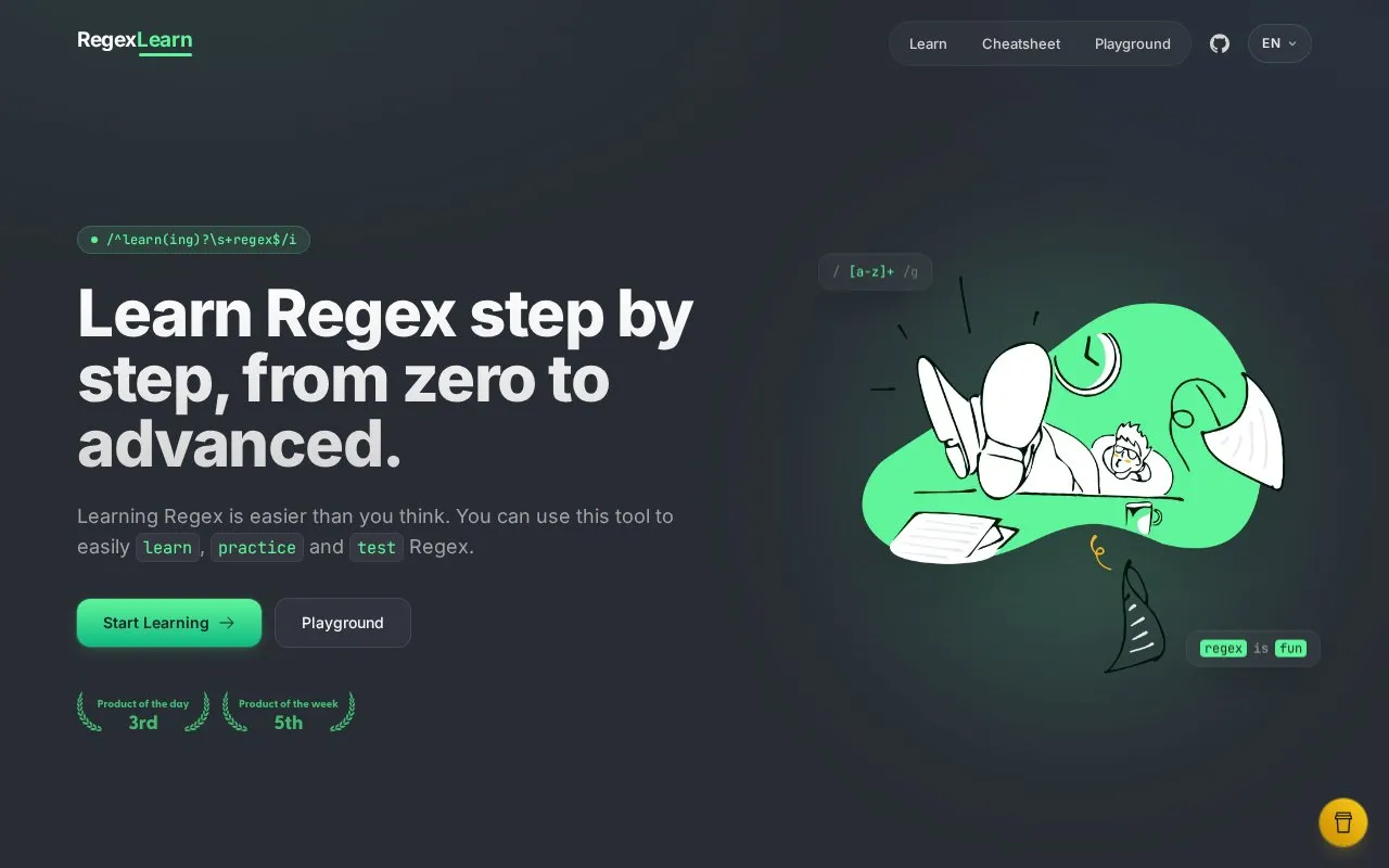 RegexLearn homepage screenshot