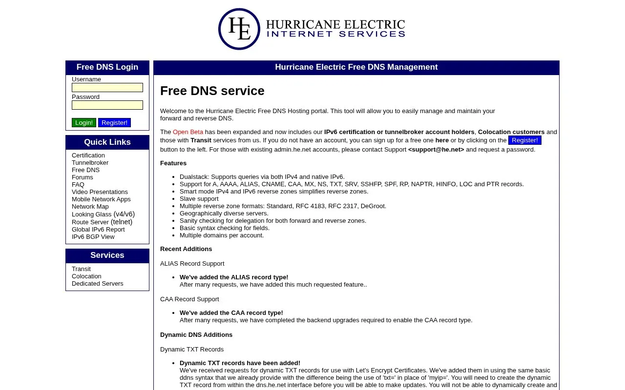Hurricane Electric homepage screenshot