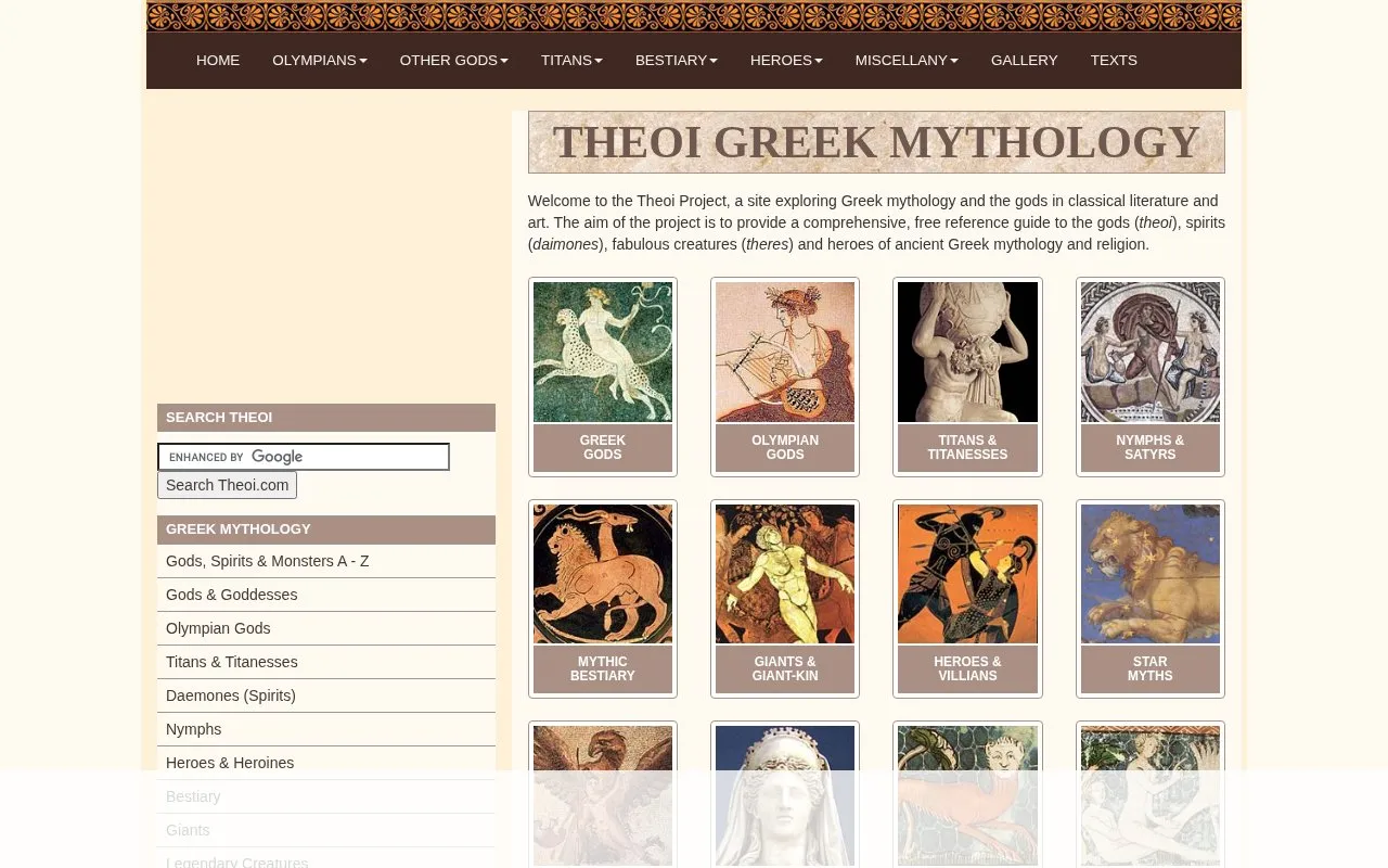 Theoi homepage screenshot
