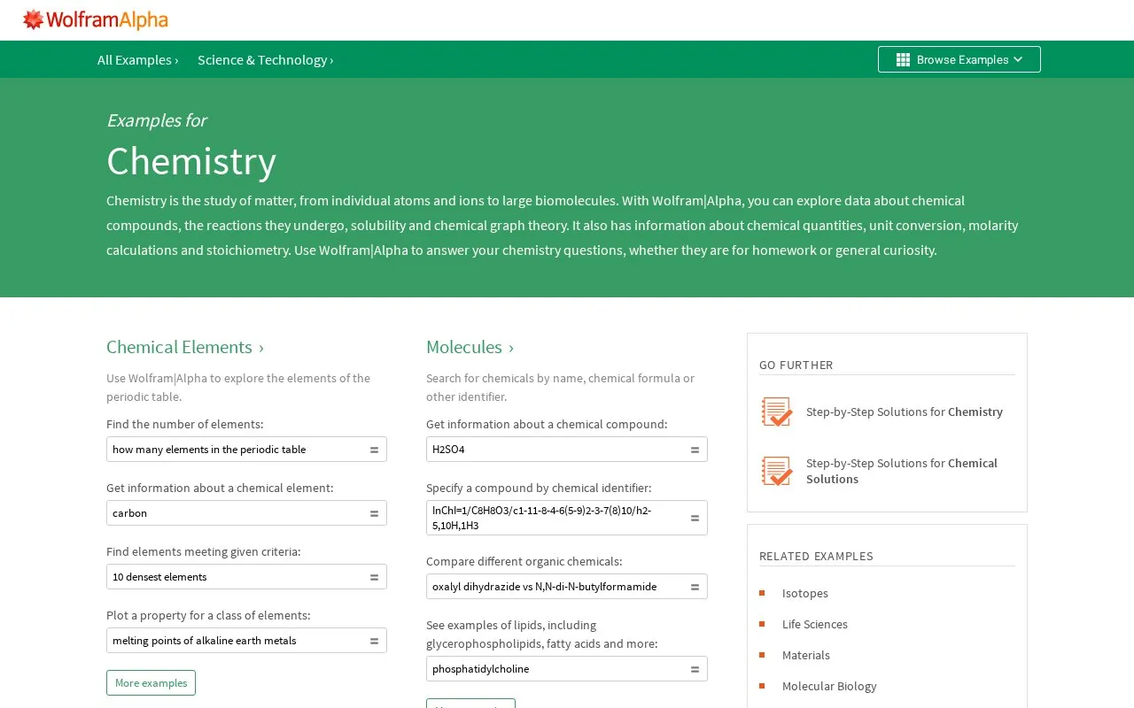 Wolfram Alpha Chemistry homepage screenshot