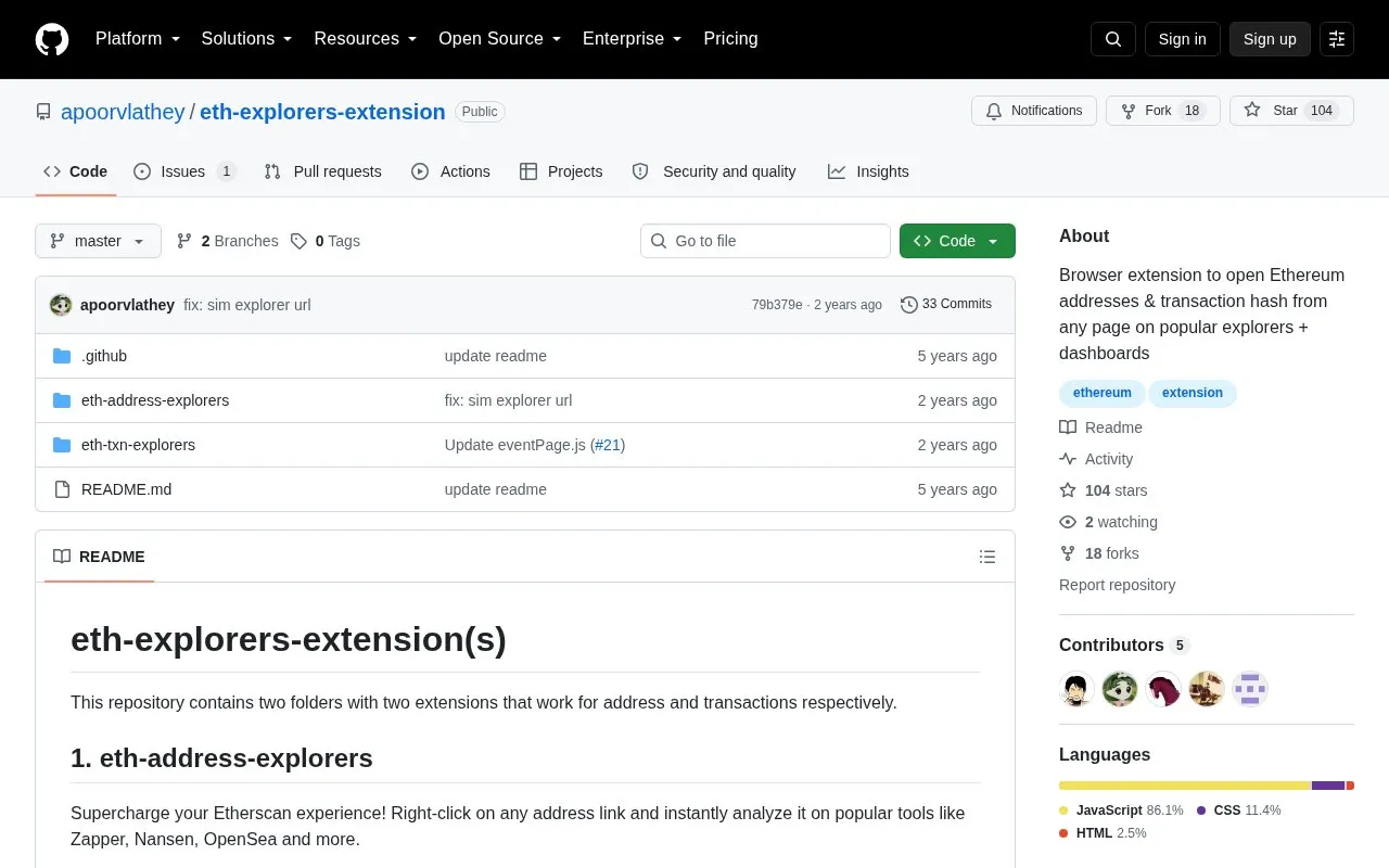 ETH Explorers Extensions homepage screenshot