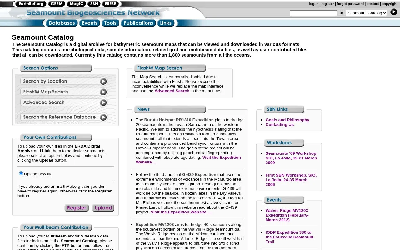 Seamount Catalog homepage screenshot