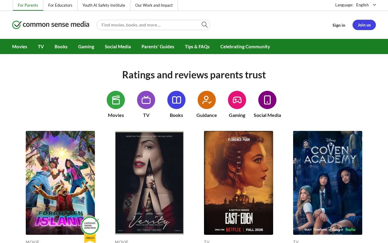 Common Sense Media homepage screenshot