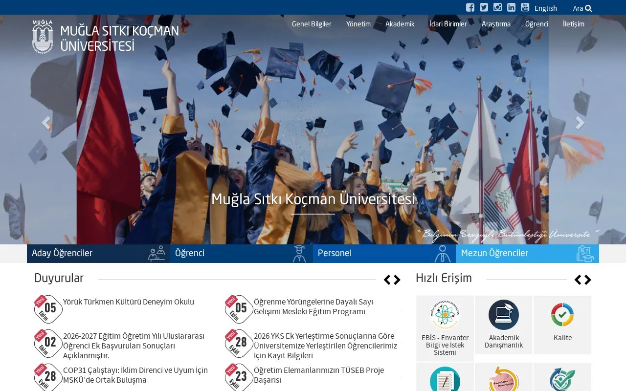 Mugla University homepage screenshot
